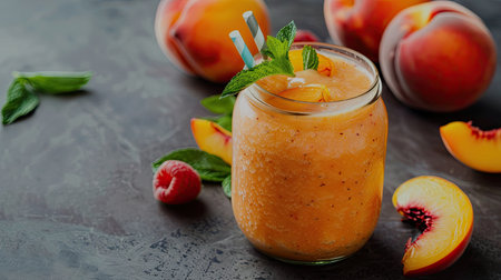 Peach smoothie in a glass jar with fresh fruit slices on the side, appealing for health-conscious consumers.の素材