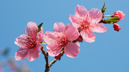 Peach flowers against a clear blue sky, showcasing the vibrant colors of spring.の素材