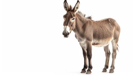 Cute donkey standing and looking forward, isolated on a white background, perfect for animal-themed visuals.の素材