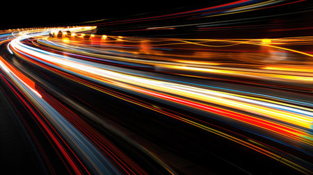 Abstract design featuring fast-moving light trails, representing speed and futuristic aesthetics.の素材