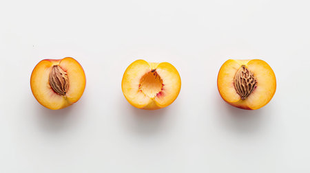 Peach halves on white background, minimalistic composition for versatile marketing needs.の素材