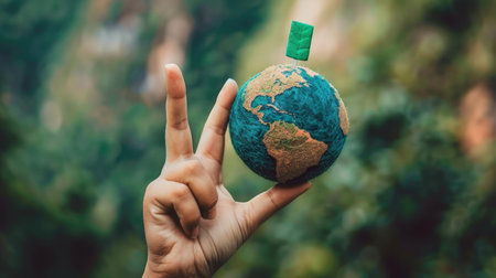Hand indicating Earth with a Net Zero sign, symbolizing commitment to environmental conservation.の素材