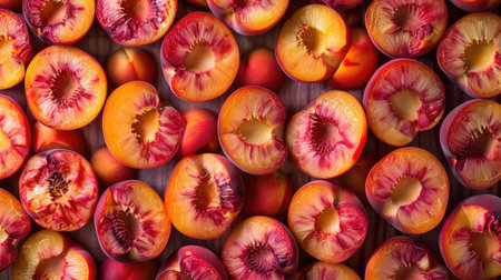 Peach halves arranged in a symmetrical pattern, showcasing vibrant colors and textures.の素材