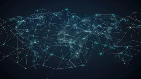 World map with a network of lines and nodes, representing the concept of global communication and connectivity.の素材