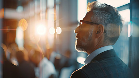 Businessman networking at a seminar, interacting with peers and exchanging insights.の素材