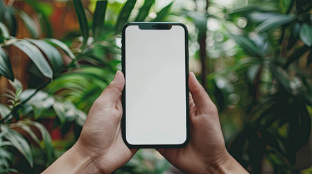 Hands of a person holding a blank smartphone screen for mockupの素材