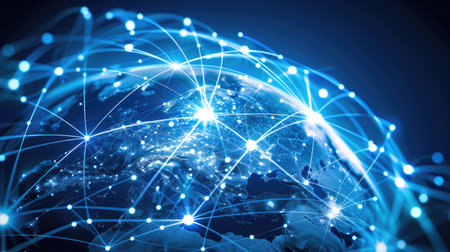 Network of bright lines and nodes forming connections around a stylized globe, illustrating global communication.の素材