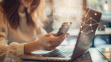 Businessperson using a laptop and smartphone to connect with colleagues online, illustrating digital networking.の素材