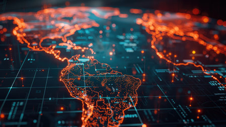 World map with connecting lines and dots, illustrating the concept of a global network and international communication.の素材