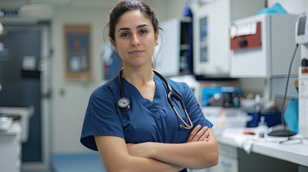 A female nurse with arms crossed, standing confidently in front of a nursing station, showcasing her professionalism.の素材