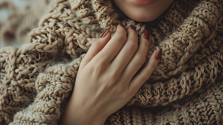 Soft touch of a woman's hand on a cozy knitted scarfの素材