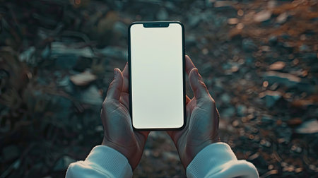 Adult's hands showcasing a blank smartphone screen for customizationの素材
