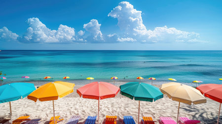 Beachfront view with multicolored umbrellas overlooking the tranquil blue seaの素材