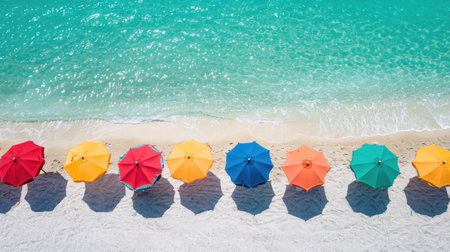 Array of vibrant beach umbrellas lining the sandy shore against a clear blue seaの素材