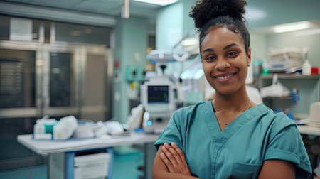 Female nurse with arms crossed, wearing a cheerful expression, in a clean and organized hospital setting.の素材