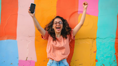 Joyful Latinx Gen Z woman celebrating while holding up smartphoneの素材
