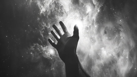 Celestial hand silhouette reaching towards lightの素材