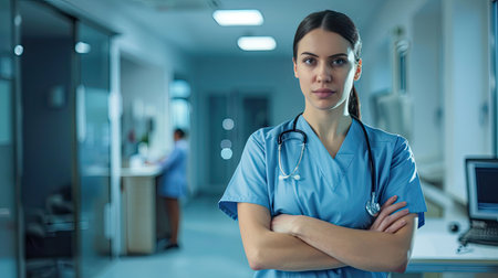Confident female nurse with arms crossed, ready for duty, in a sterile and professional medical environment.の素材