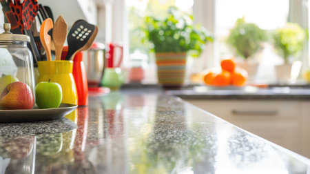 Granite kitchen countertop with a blurry background of colorful kitchen utensils and decor.の素材