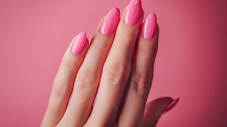 Elegant hand of a woman applying pink nail polishの素材