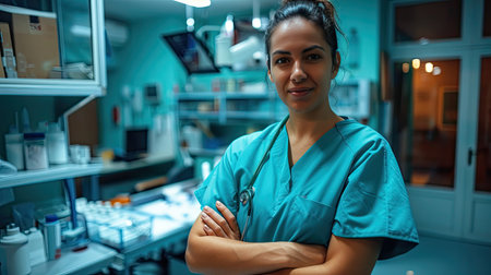 Female nurse with arms crossed, wearing scrubs, standing in a well-organized medical office.の素材