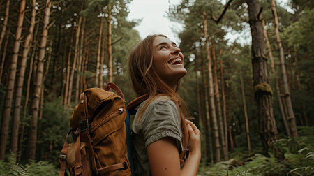Cheerful woman with a backpack basking in Cannock Chase forestの素材