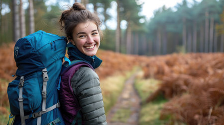 Happy female hiker with a backpack smiling in Cannock Chase forestの素材