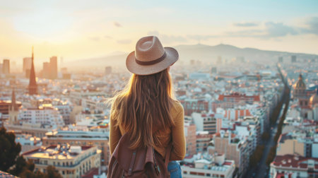 Casual tourist woman amazed by panoramic cityscape views during travelの素材