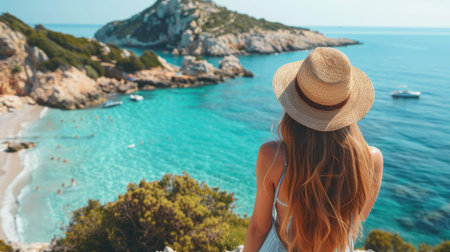 Casual tourist woman awestruck by the beauty of a serene beach destinationの素材