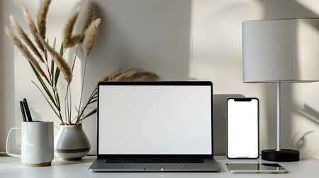 Clean desk setup with laptop and phone mockup screens and office suppliesの素材