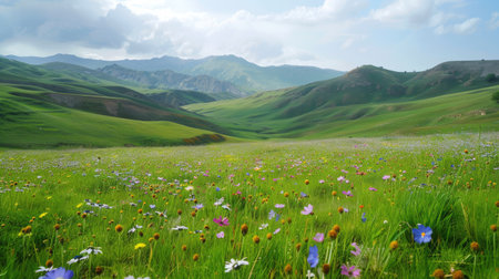 Green hills and valleys with vibrant grass and scattered flowersの素材