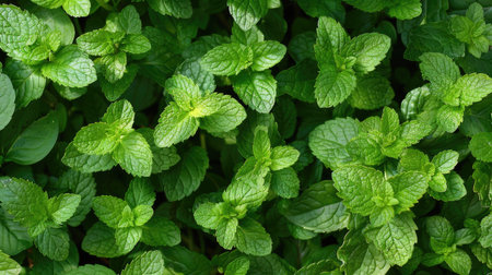 Close-up of aromatic fresh green mint leaves, ideal for culinary and herbal spice adsの素材