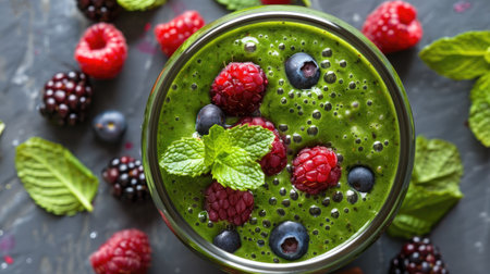 Delicious green smoothie topped with mint leaves and fresh berriesの素材