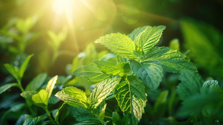 Green mint leaves illuminated by sunlight, perfect for refreshing herbal product adsの素材