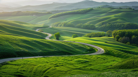Green fields and hills in spring with a highway curving through the landscapeの素材