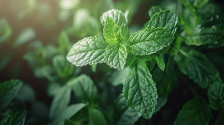 Healthy green mint leaves close-up with soft lighting, perfect for natural remedy adsの素材
