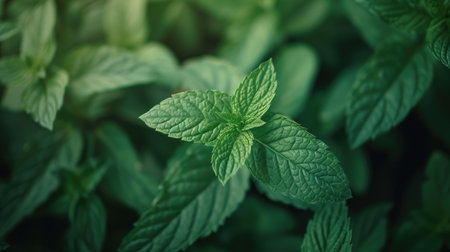 Healthy peppermint leaves close-up with selective focus, perfect for health conceptsの素材