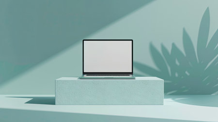 Laptop with a blank screen on a minimalist podium, perfect for branding presentationsの素材