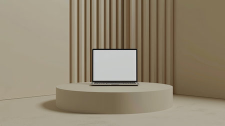 Sleek, minimalist podium with a laptop displaying a white screen for brandingの素材