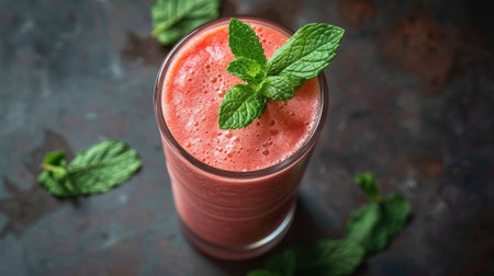 Minty watermelon smoothie served in a glass with mint leavesの素材