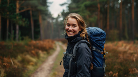 Smiling woman with a backpack standing on a path in Cannock Chase forestの素材