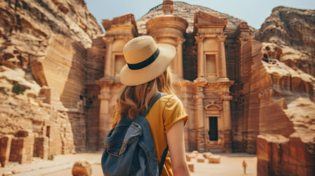 Tourist woman in casual attire mesmerized by ancient archaeological sitesの素材
