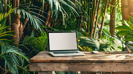 Laptop with a blank screen mockup on a rustic wooden table outdoorsの素材