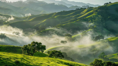 Scenic view of lush green hills with morning mist risingの素材