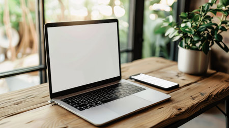 Mockup of laptop and smartphone on a wooden table with a blank screenの素材