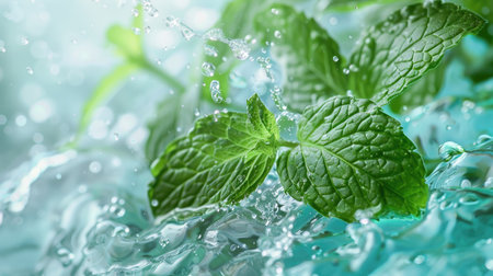 Vibrant peppermint leaves with a refreshing water splash, perfect for beverage adsの素材