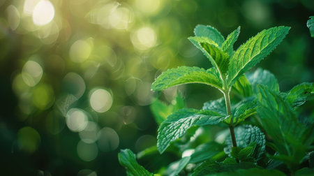 Vibrant green mint leaves with a bokeh background, ideal for herbal medicine conceptsの素材