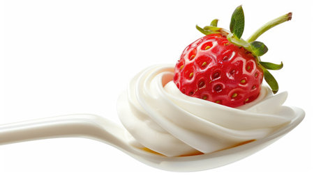 Spoon of yogurt topped with strawberry, isolated on white with flowing wave patternsの素材