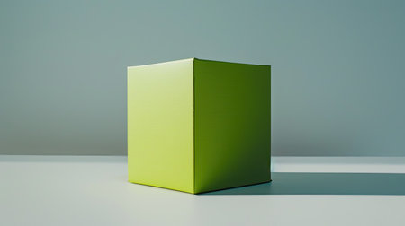 Bright green cardboard box standing upright on a white surfaceの素材
