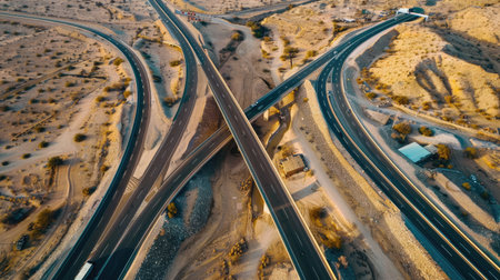 Aerial panorama of highway overpass in the midst of a desert landscapeの素材